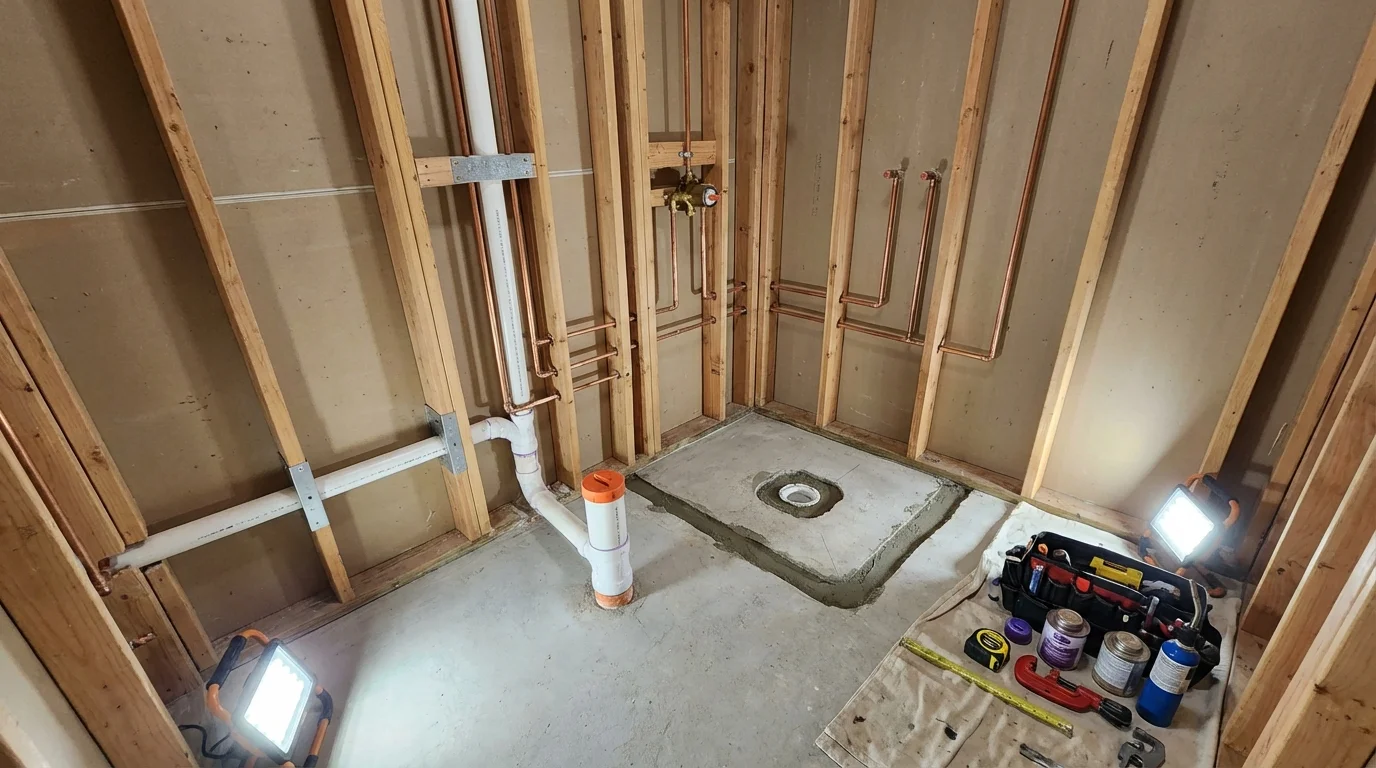 Bathroom rough-in plumbing during remodel by Johns Plumbing LLC in Highlands