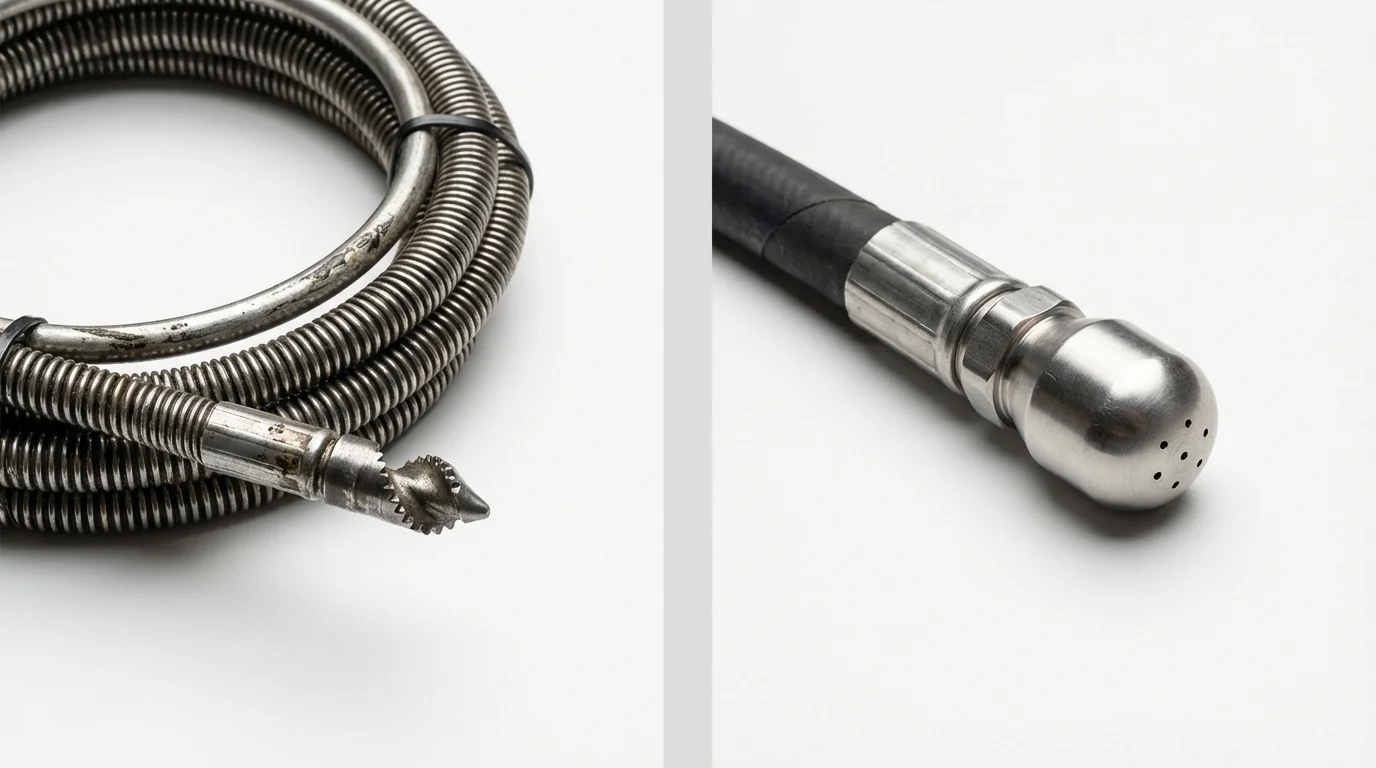 Drain snake cable and hydro jetting nozzle used for drain cleaning in Highlands, NJ