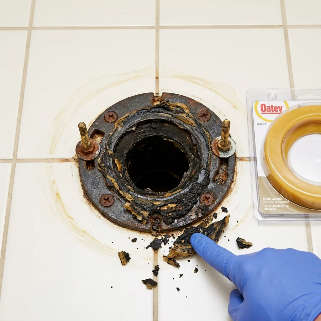 Failed wax ring showing water seepage at the base of a toilet in a Highlands, NJ home