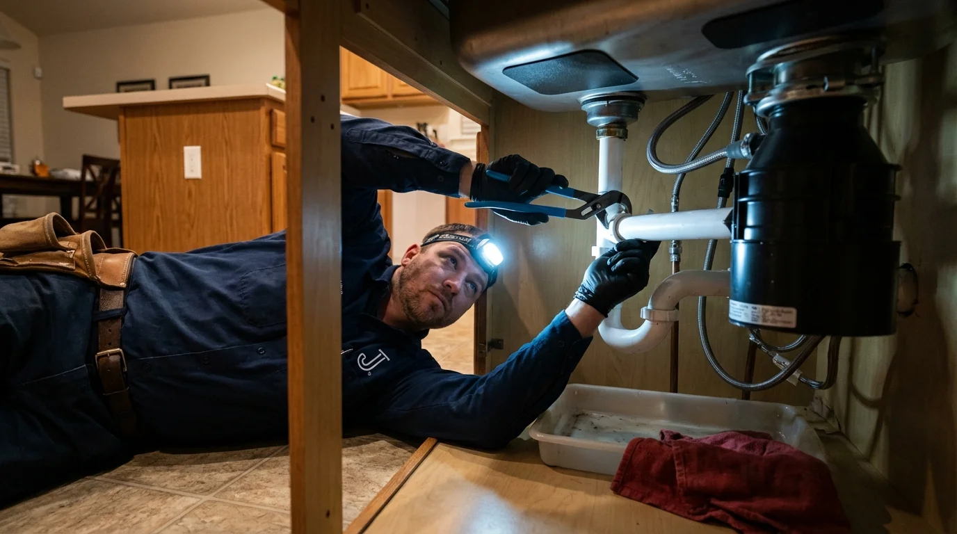 P-trap and supply line connections under a kitchen sink showing a common leak point in Highlands, NJ